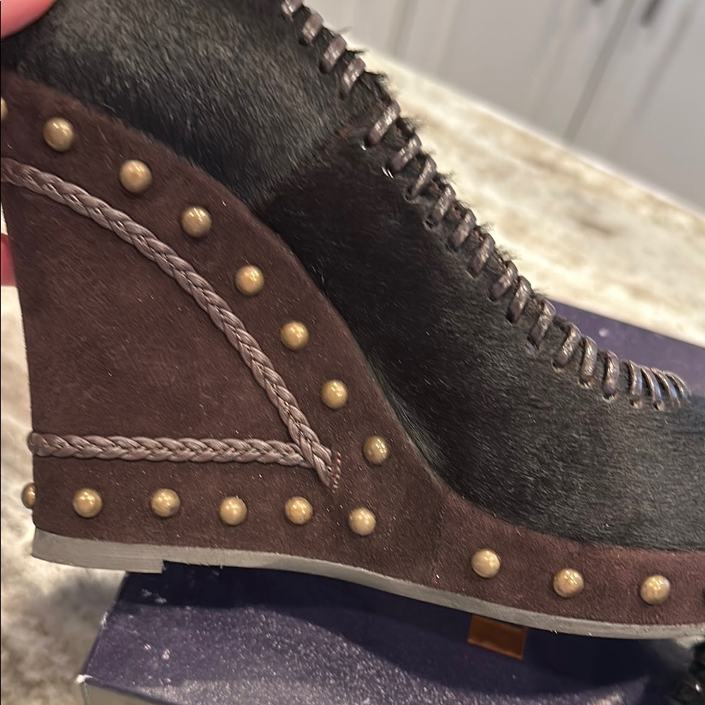 Rare Vintage Y2K Le Silla Pony Hair Studded Peep Toe Wedge - Size 8 - Picture 6 of 8